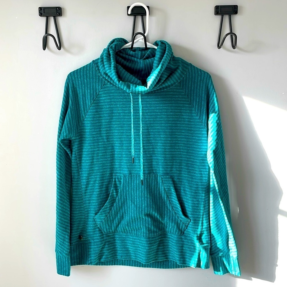Outdoor Research, Small, teal green striped cowl neck sweatshirt w/ pouch pocket